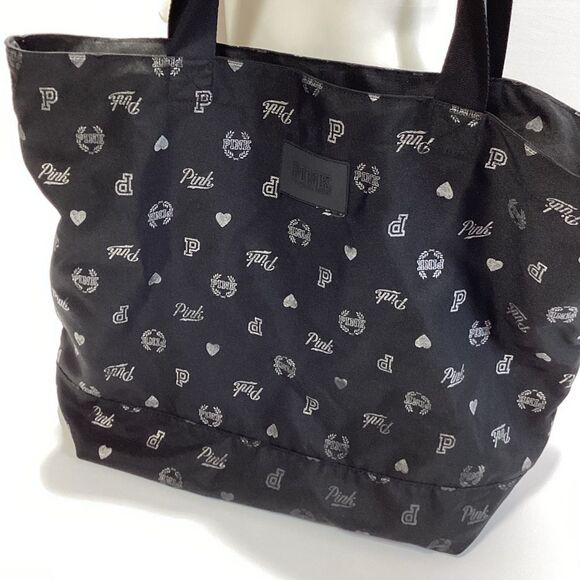 Victoria's Secret Pink Branded Black Tote with White Accents Zip Top Large - Picture 1 of 12